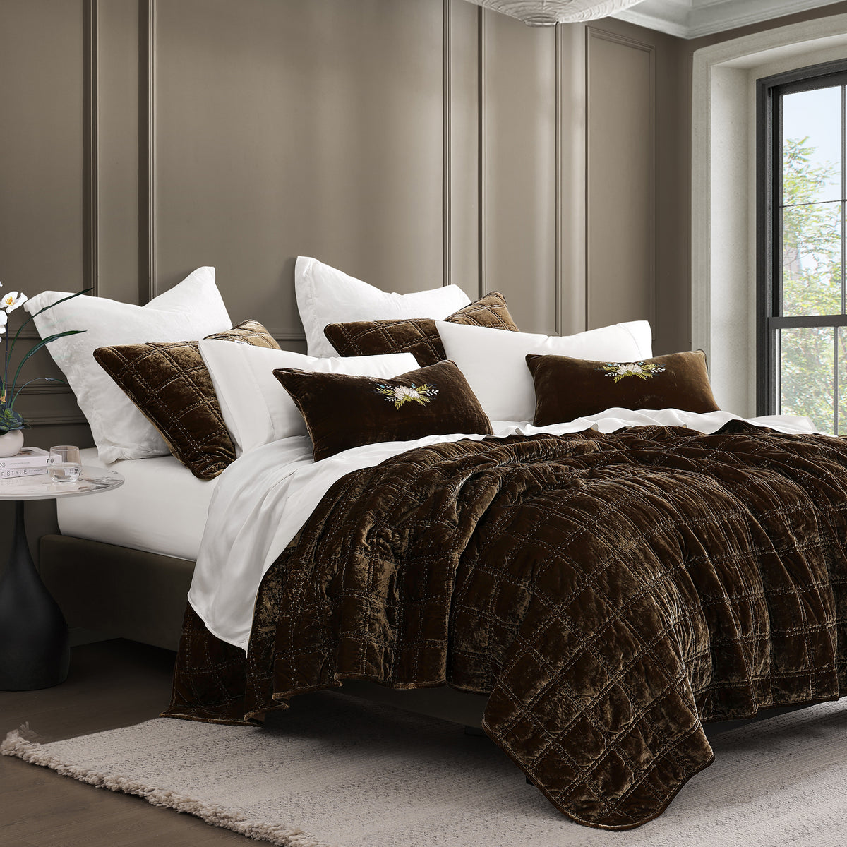 Stella Faux Silk Velvet Double Box Stitch Quilt (Green Ochre) - Shop The Look