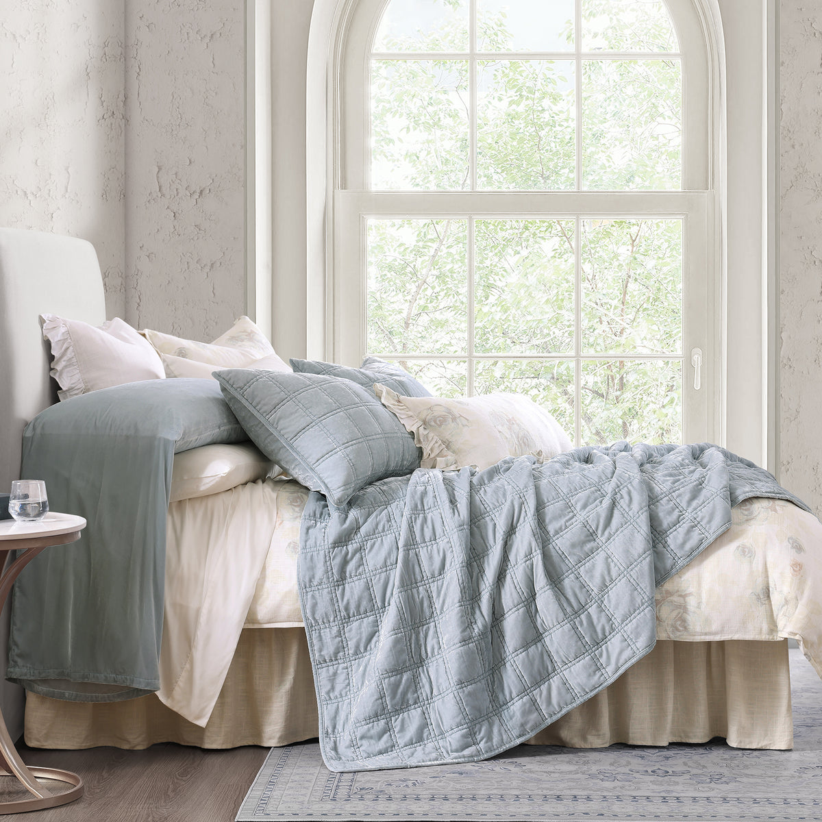 Stella Faux Silk Velvet Double Box Stitch Quilt (Icy Blue) - Shop The Look