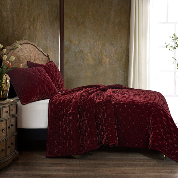 Stella Faux Silk Velvet Pintuck Quilt, Garnet Red