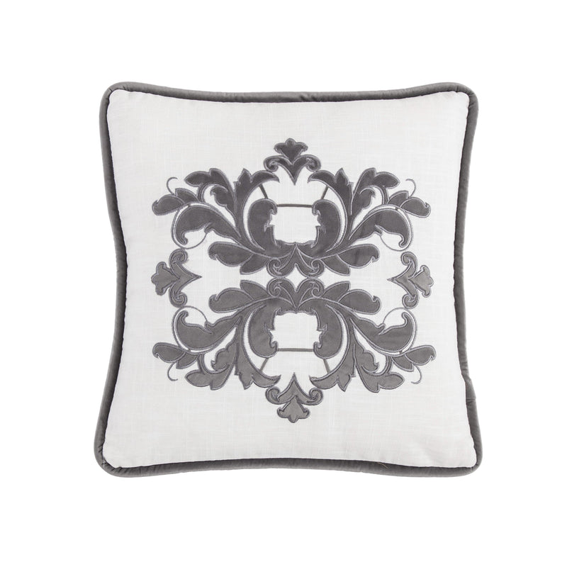 Madison White Linen Pillow w/ Velvet Embroidery, 2 Colors, 18x18 Gray Pillow