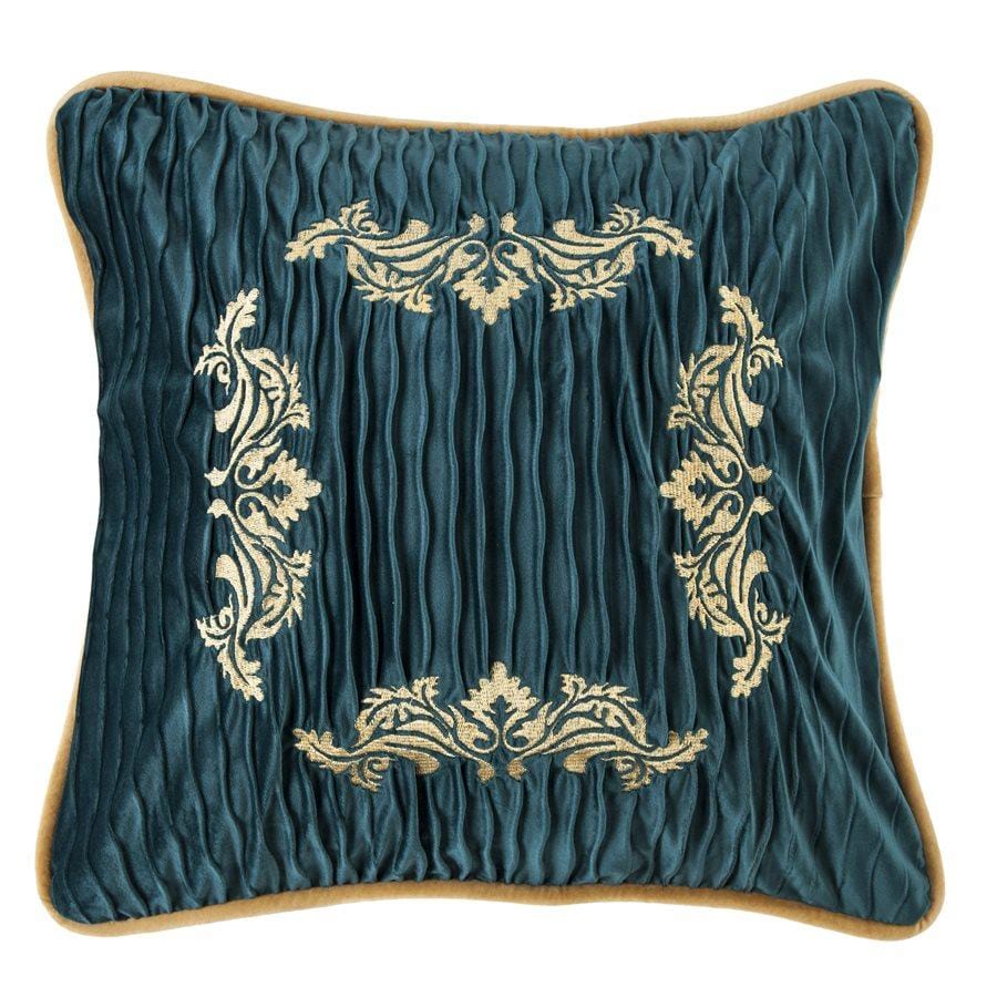 Loretta Teal Velvet Throw Pillow Golden Scroll Embroidery HiEnd