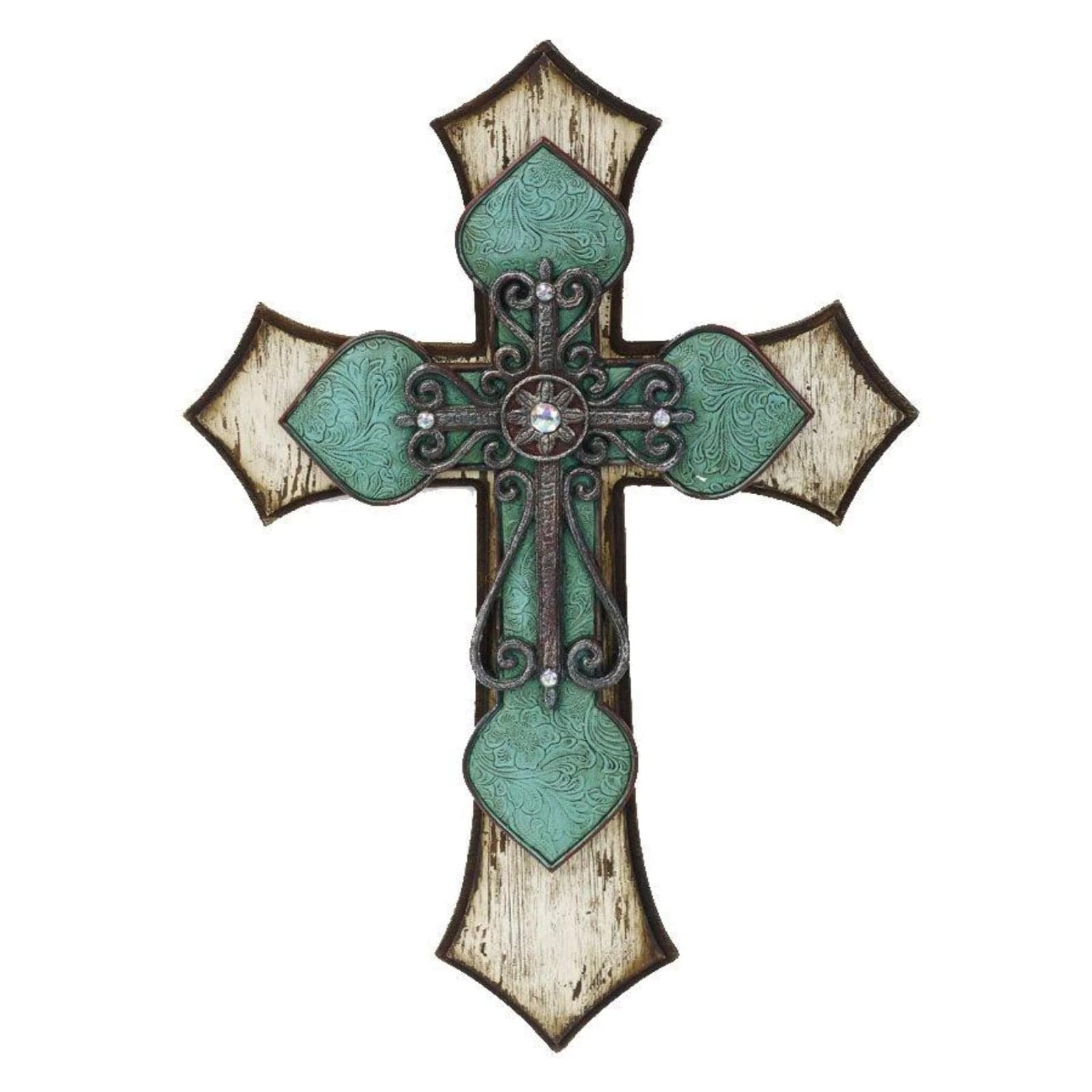 Triple Layer Turquoise Cross Wall Decor w Metal Scrollwork