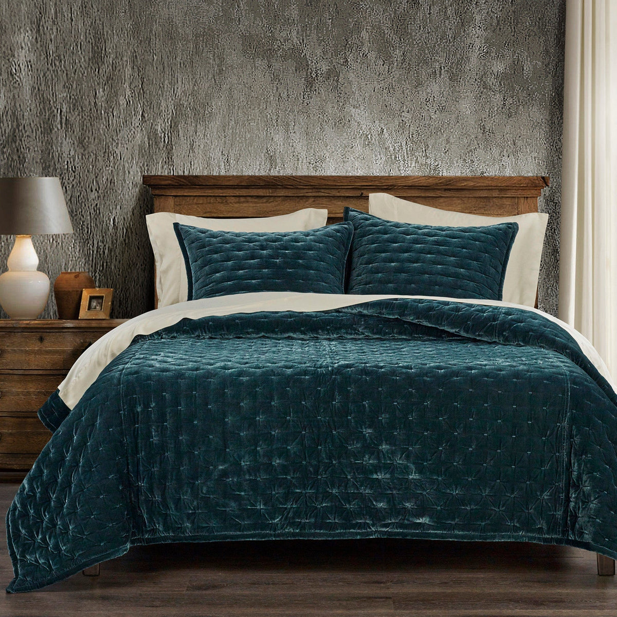 Stella Faux Silk Velvet Pintuck Quilt (Storm Blue) - Shop The Look