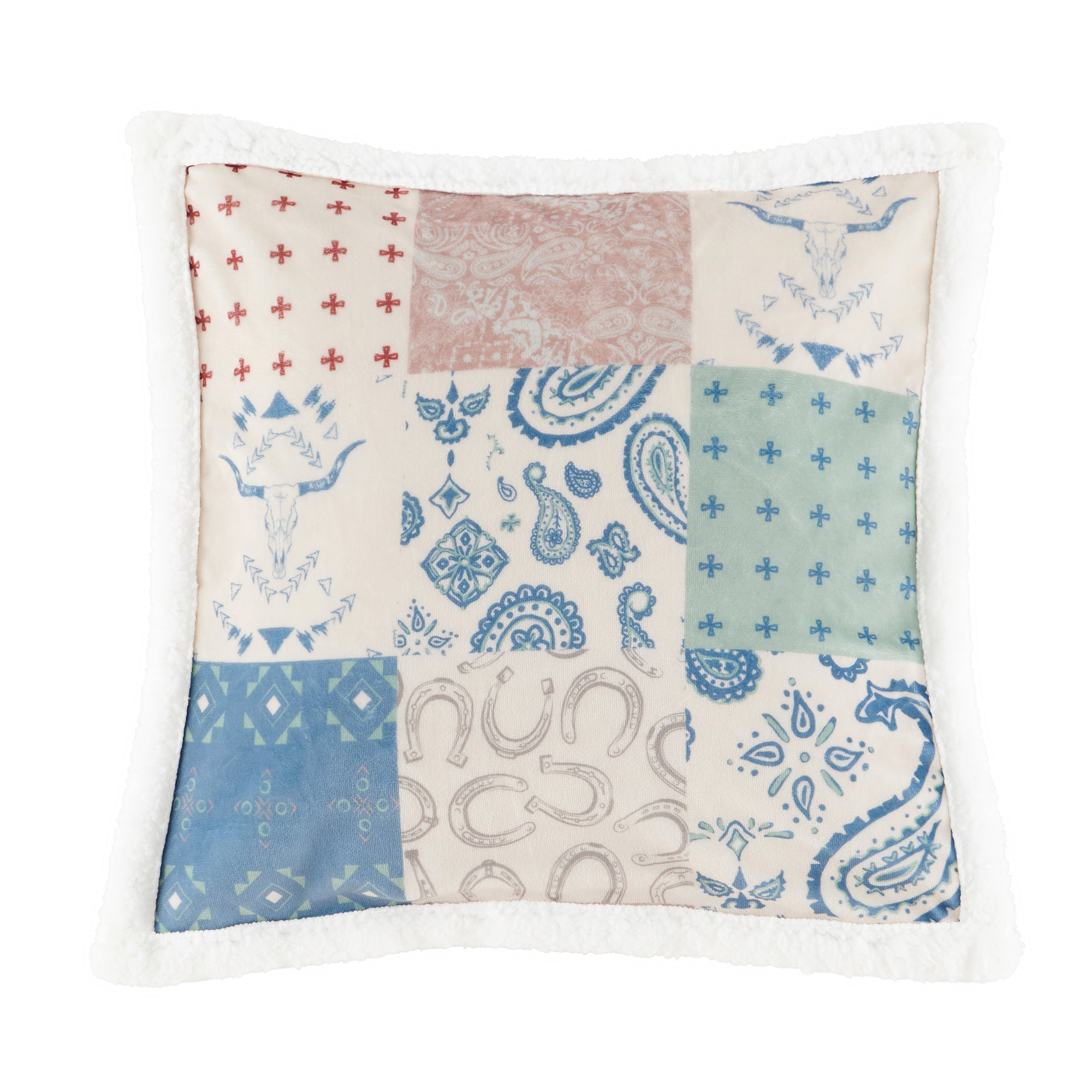 Patchwork Paisley Campfire Sherpa Pillow | HiEnd Accents