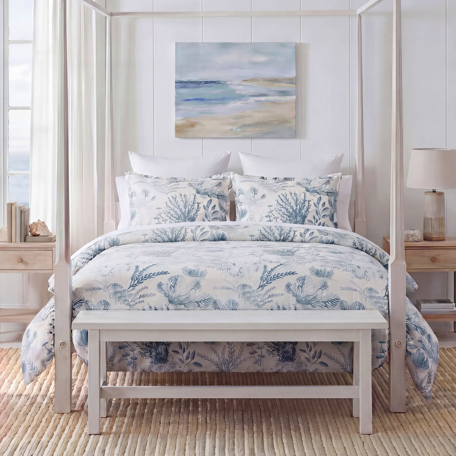 Coastal summer bedding in sun-bleached blue