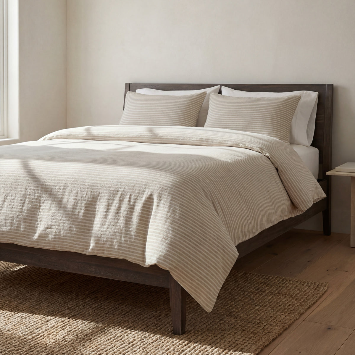 100% European Flax Linen Railroad Stripe bedding in a relaxed, layered room