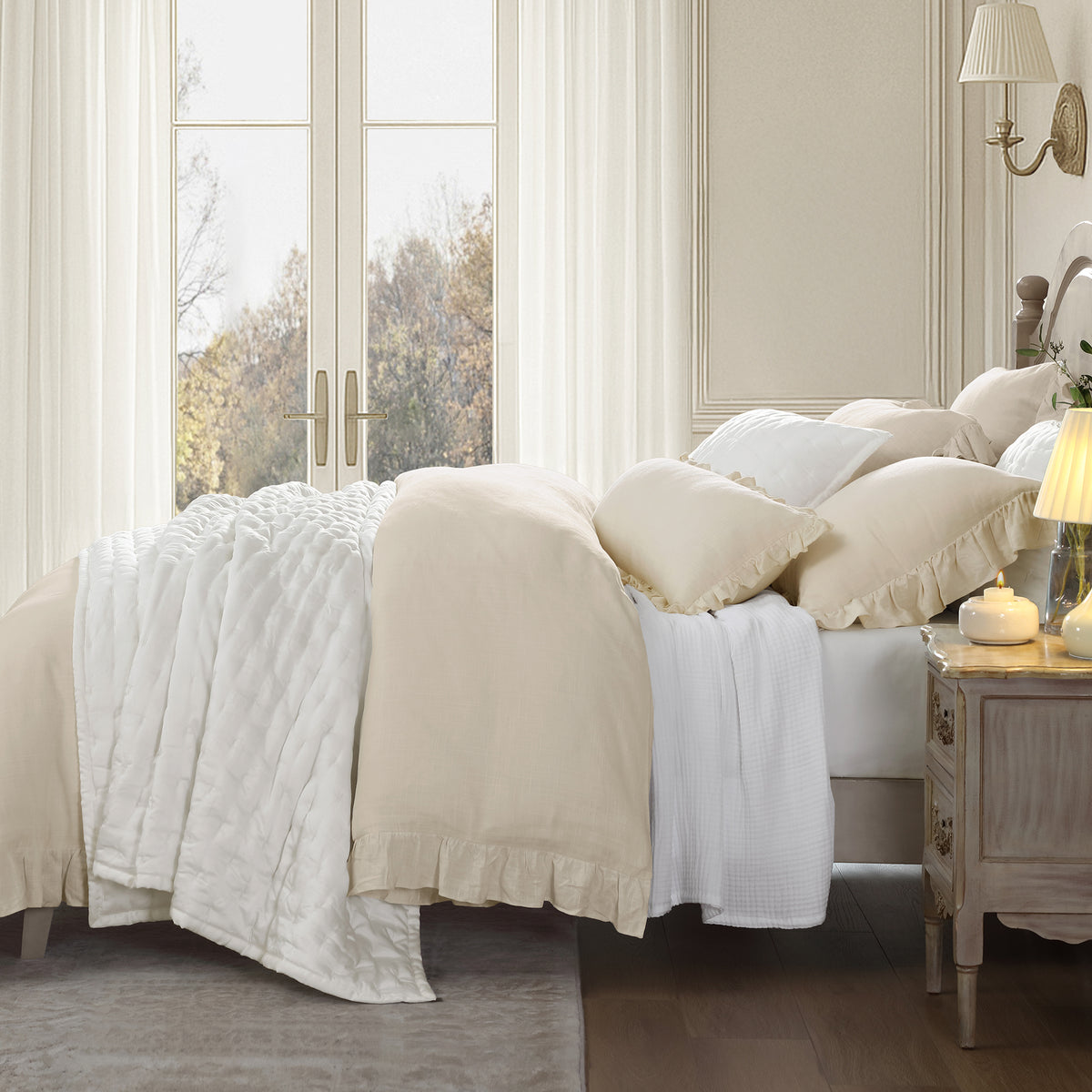 Lily Washed Linen Blend Bedding Set with ruffled edges in a sunlit bedroom