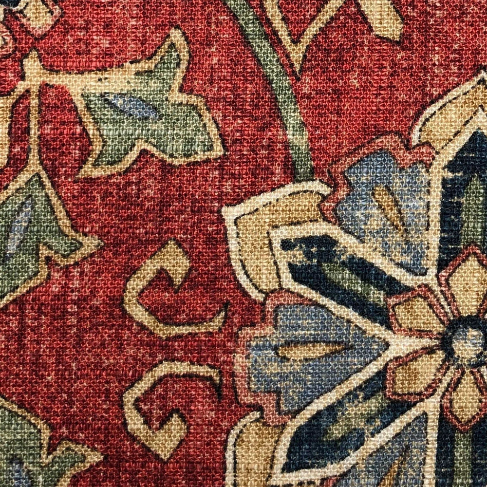 Close-up of the Melinda print, the linen slub visible through the pattern