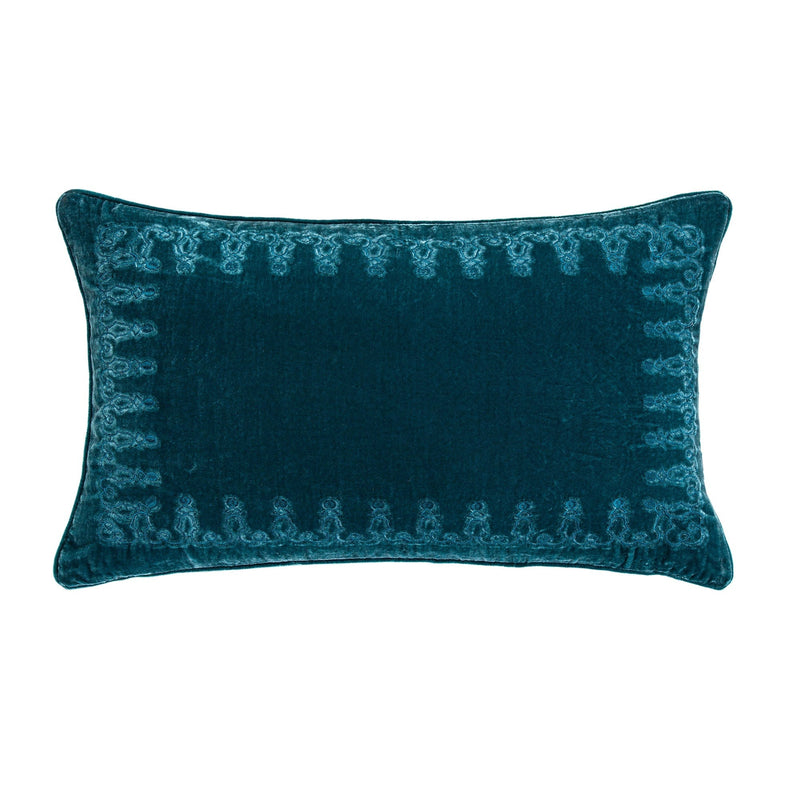 Textured Teal Embroidered Pillow Stella Faux Silk Velvet