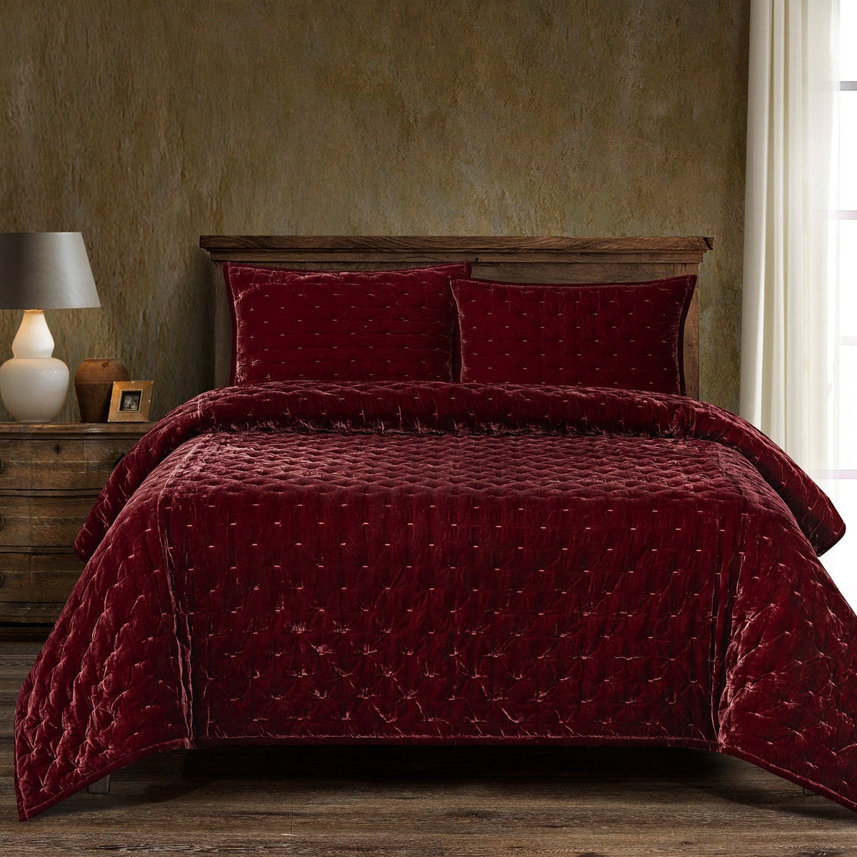 Stella Faux Silk Velvet Pintuck Quilt, Garnet Red