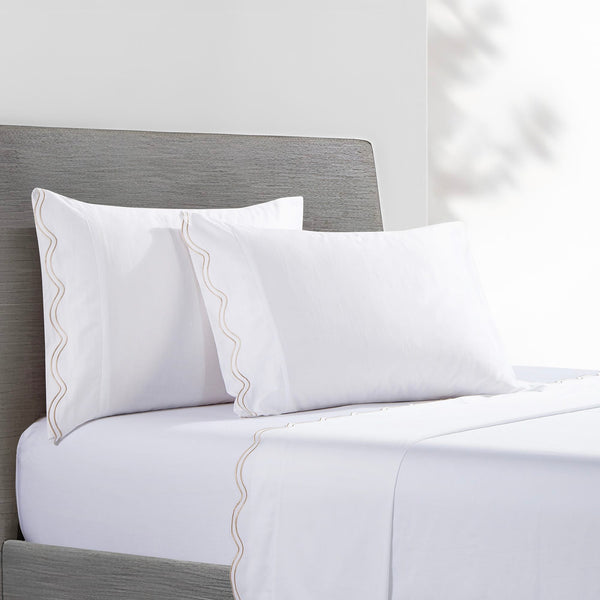 Delphine Scalloped Edge Embroidered 350TC Cotton Sateen Sheet Set Twin / Taupe Sheet