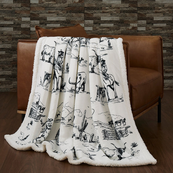 Ranch Life Western Toile Campfire Sherpa Throw Black Throw