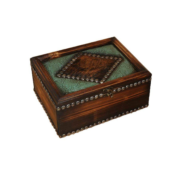 Trinket Box w/ Tooled Faux Leather & Genuine Hide Accents Basket