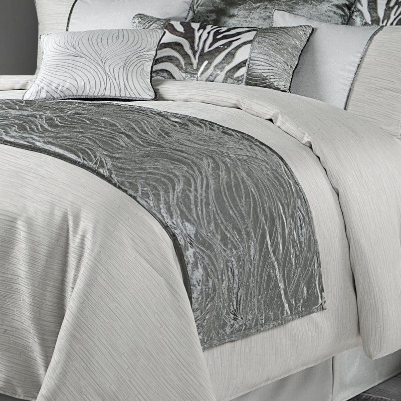Celeste Silver Velvet & Wave Embroidered Bed Runner Bed Runner