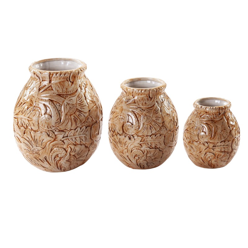 Chestnut Tooled Leather 3PC Vase Set