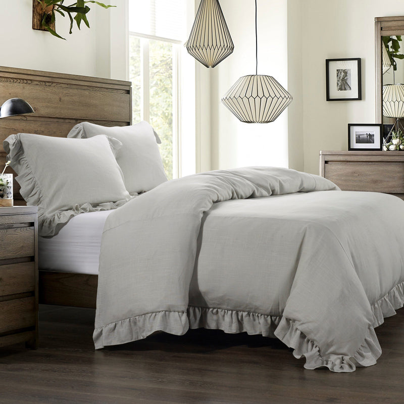 Lily Washed Linen Ruffled Bedding Set Comforter Set / Super King / Light Gray Comforter / Duvet Cover