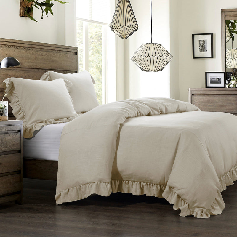 Lily Washed Linen Ruffled Bedding Set Comforter Set / Super King / Light Tan Comforter / Duvet Cover