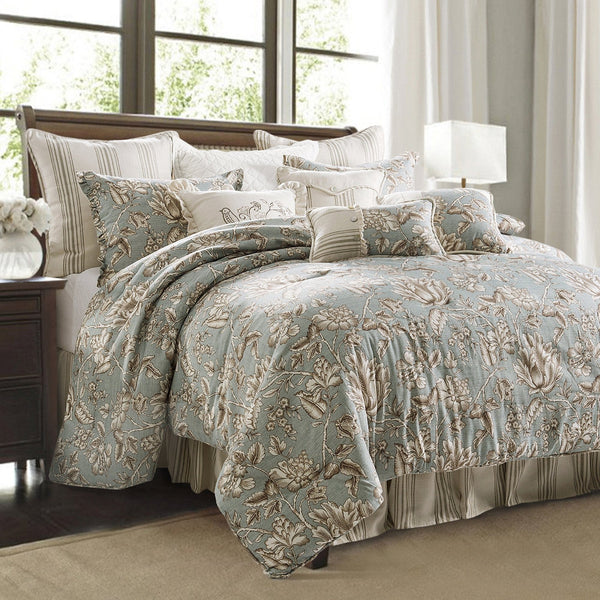 Gramercy Jacobean Floral Aqua Comforter Set, Super Queen Super Queen Comforter