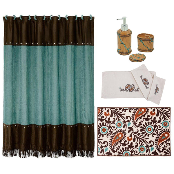 Turquoise Inlay 8 PC Bath Accessory and Rebecca Towel Set Complete Bathroom Sets
