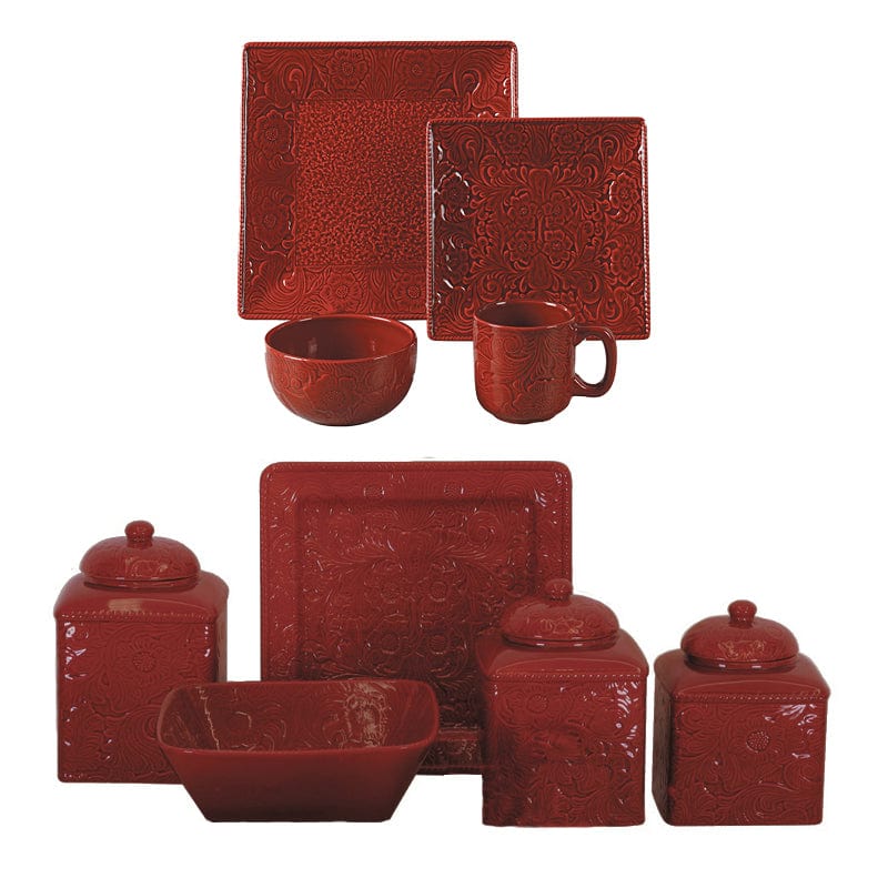 Savannah 21PC Dinnerware and Canister Set, Turquoise & Red Red Dinnerware Set