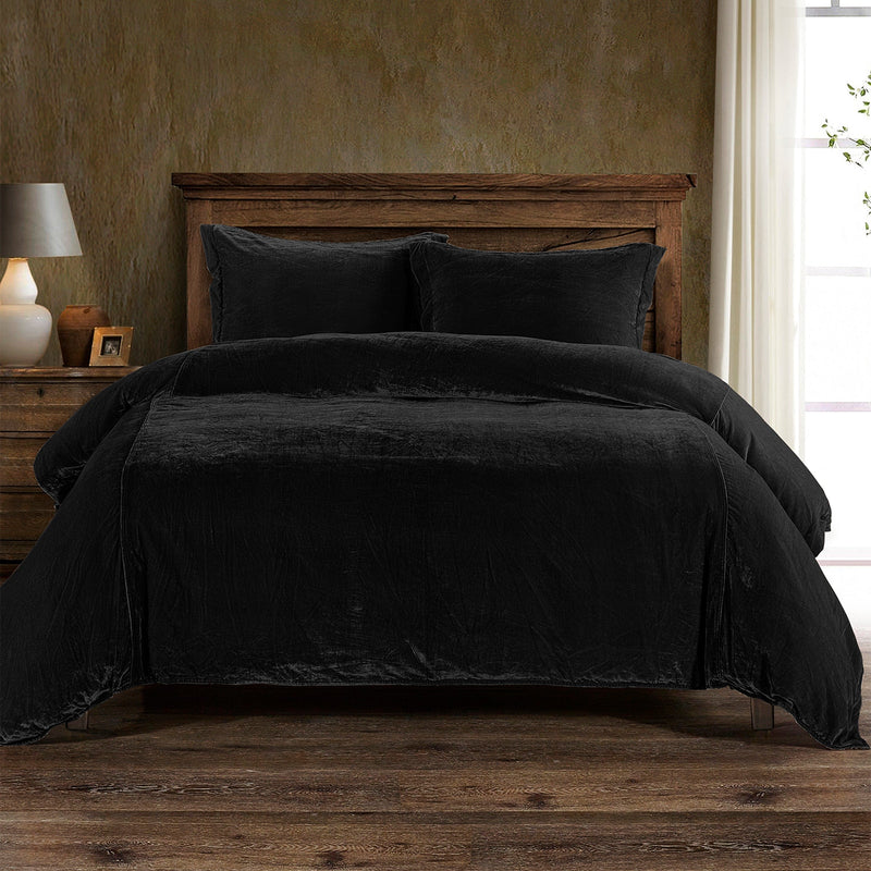 Stella Faux Silk Velvet Duvet Cover Set Super Queen / Black Duvet Cover