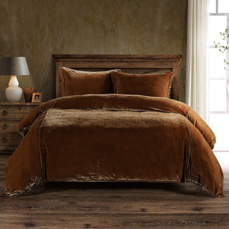 Stella Faux Silk Velvet Duvet Cover Set Super Queen / Copper Brown Duvet Cover