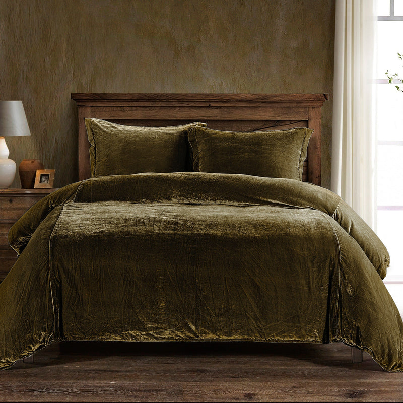 Stella Faux Silk Velvet Duvet Cover Set Super Queen / Green Ochre Duvet Cover