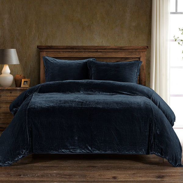 Stella Faux Silk Velvet Duvet Cover Set Super Queen / Midnight Blue Duvet Cover