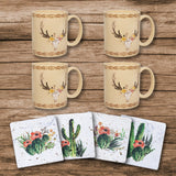 Desert Skull 8PC Mug and Cactus Blooms Coaster Set Kitchen Lifestyle