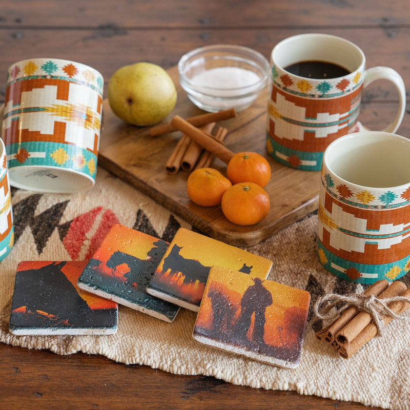 Pueblo Aztec Mug and Cowboy Sunset Coaster 8PC Set Kitchen Lifestyle
