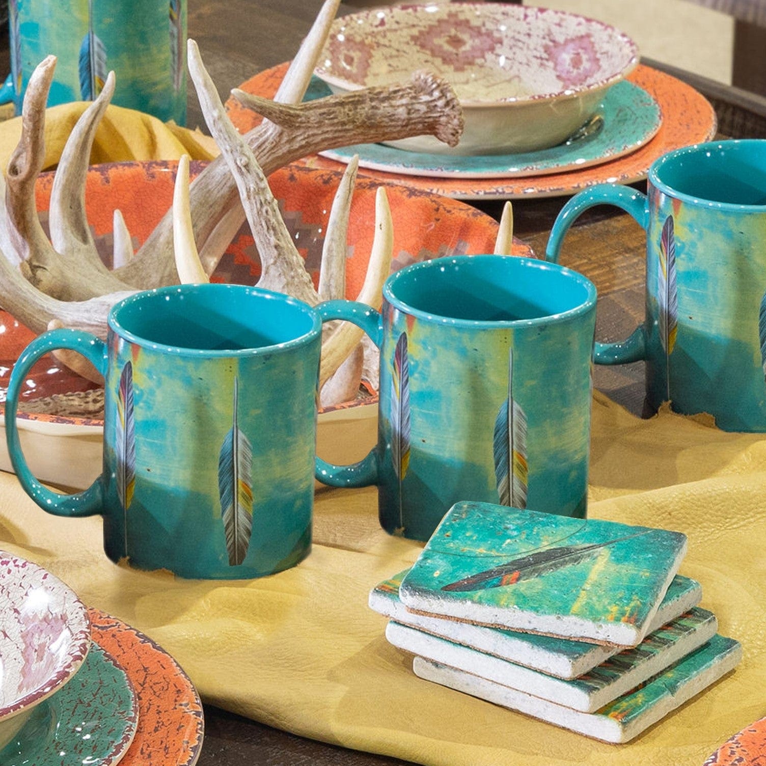 Tossed Feather Mug and Coaster 8PC Set HiEnd Accents