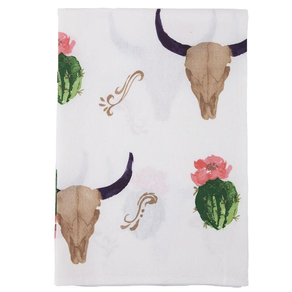 Skull & Cactus Tea Towel w/ Pink Flowers Kitchen Towel
