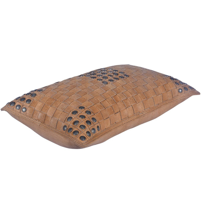 Soft Tan Basket Weave Genuine Leather Pillow With Stud Accents, 20x12 Leather Pillow