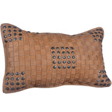 Soft Tan Basket Weave Genuine Leather Pillow With Stud Accents, 20x12 Leather Pillow