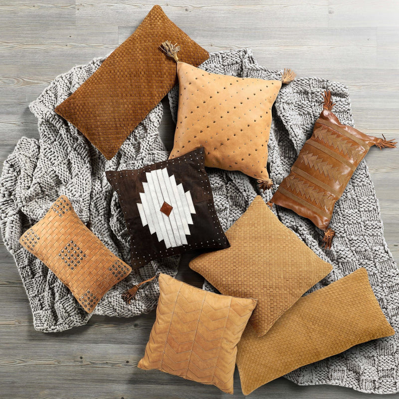 Soft Tan Basket Weave Genuine Leather Pillow With Stud Accents, 20x12 Leather Pillow