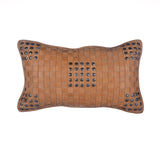 Soft Tan Basket Weave Genuine Leather Pillow With Stud Accents, 20x12 Leather Pillow