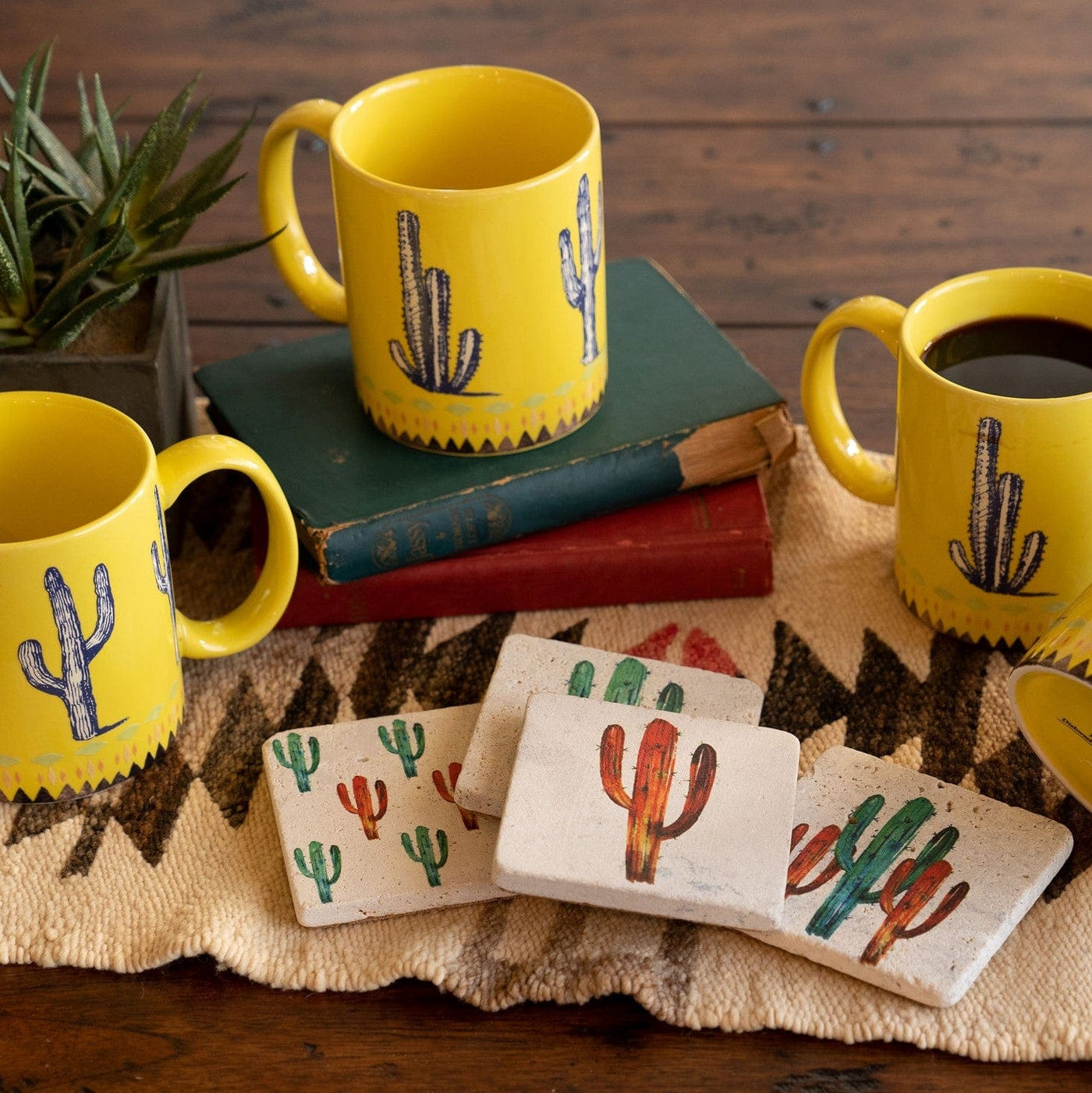 Saguaro Cactus Border Design Mug, Set of 4