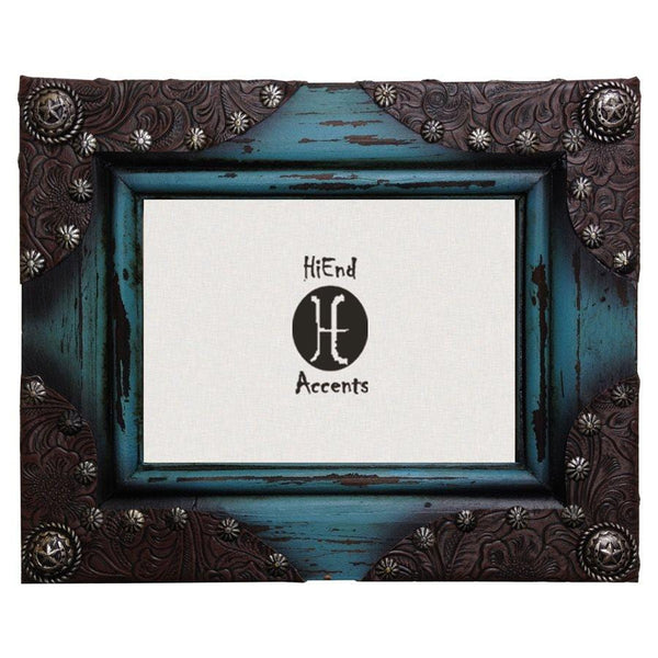 Painted Distressed Wood w/ Leather Corners Picture Frame, 5x7 Picture Frame