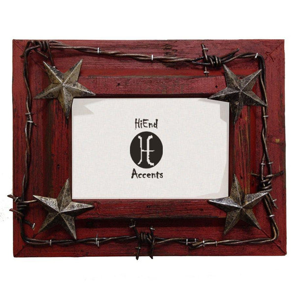 Red Painted Wooden Picture Frame w/ Barbwire & Stars (4x6/8x10) Picture Frame