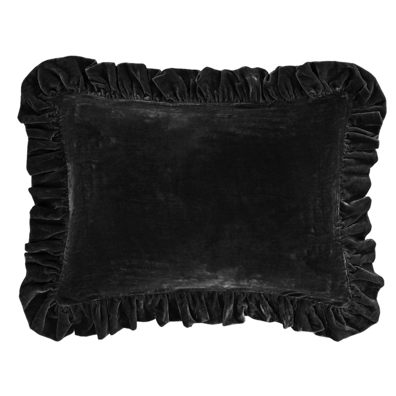 Stella Faux Silk Velvet Ruffled Dutch Euro Pillow Black Pillow