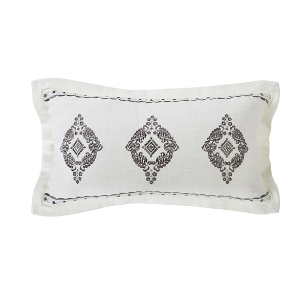 Charlotte Oblong Gray Embroidered Pillow w/ Flange, 10x18 Pillow