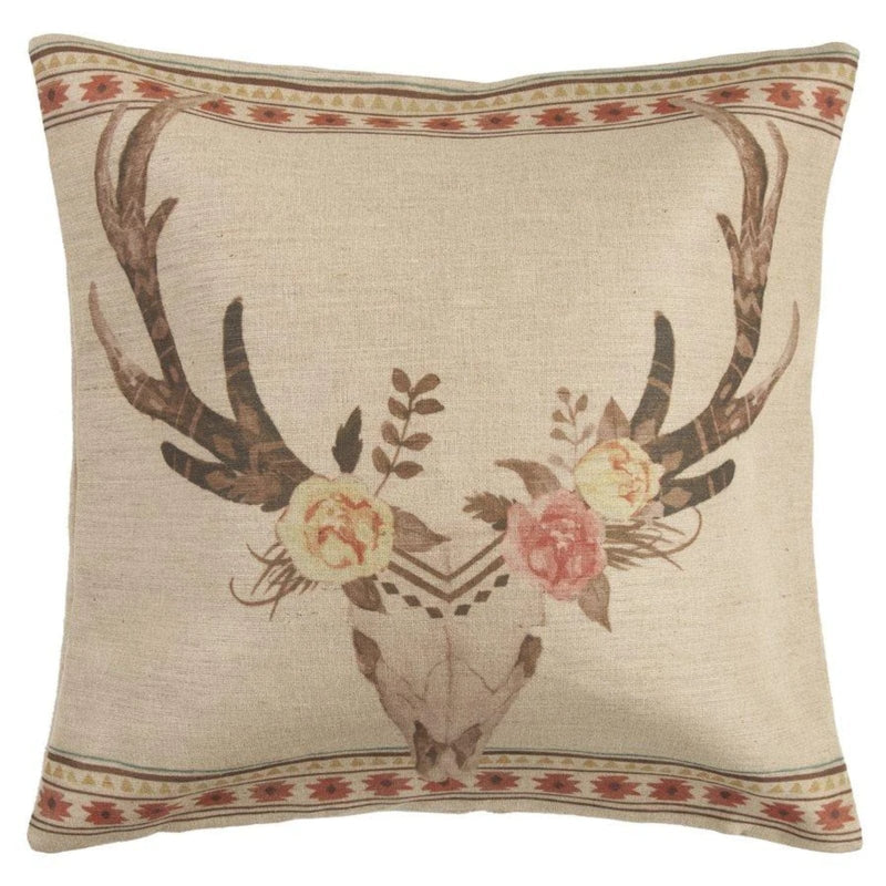 Desert Skull Flower Burlap Throw Pillow Pillow