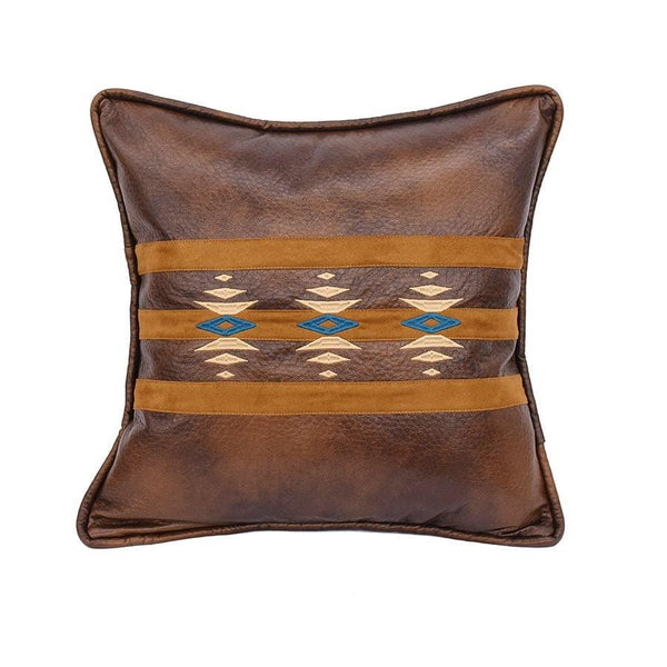 Faux Leather Throw Pillow w/ Geometric Embroidery Pillow