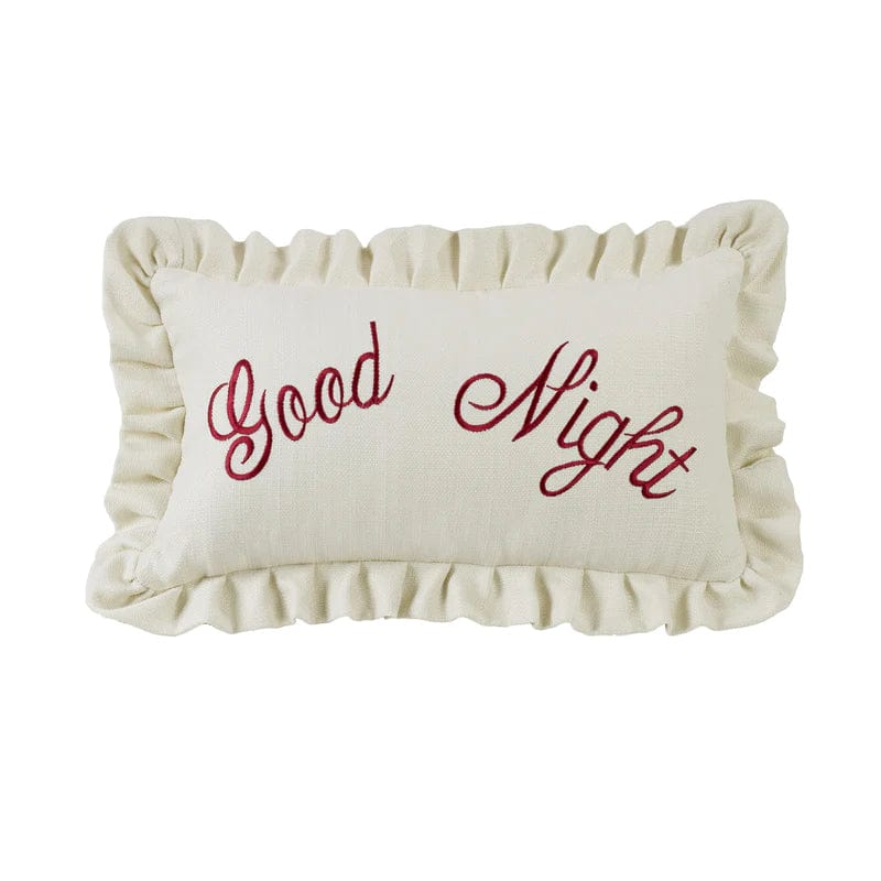 Good Morning/Good Night Embroidered Lumbar Pillow w/ Ruffles, 12x21 Good Night Pillow