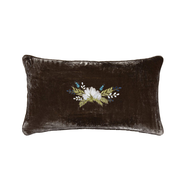 Stella Western Floral Embroidered Silk Velvet Lumbar Pillow Green Ochre Pillow