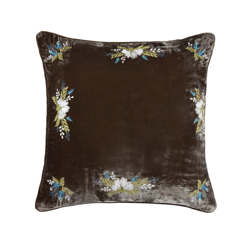 Stella Western Floral Embroidered Silk Velvet Pillow Green Ochre Pillow