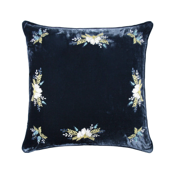 Stella Western Floral Embroidered Silk Velvet Pillow Midnight Blue Pillow