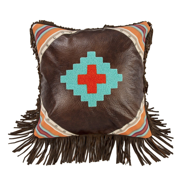 Serape Faux Leather Throw Pillow w/ Aztec Embroidery, 18x18 Pillow