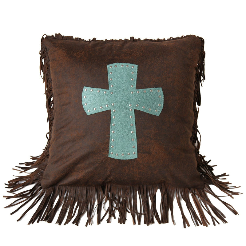 Cheyenne Tooled Leather Cross Throw Pillow, 2 Colors Turquoise Pillow