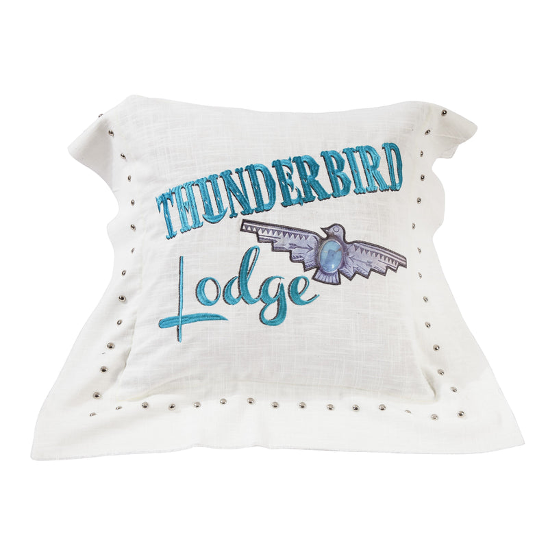 Turquoise Embroidered "Thunderbird Lodge" Linen Pillow, 18x18 Pillow